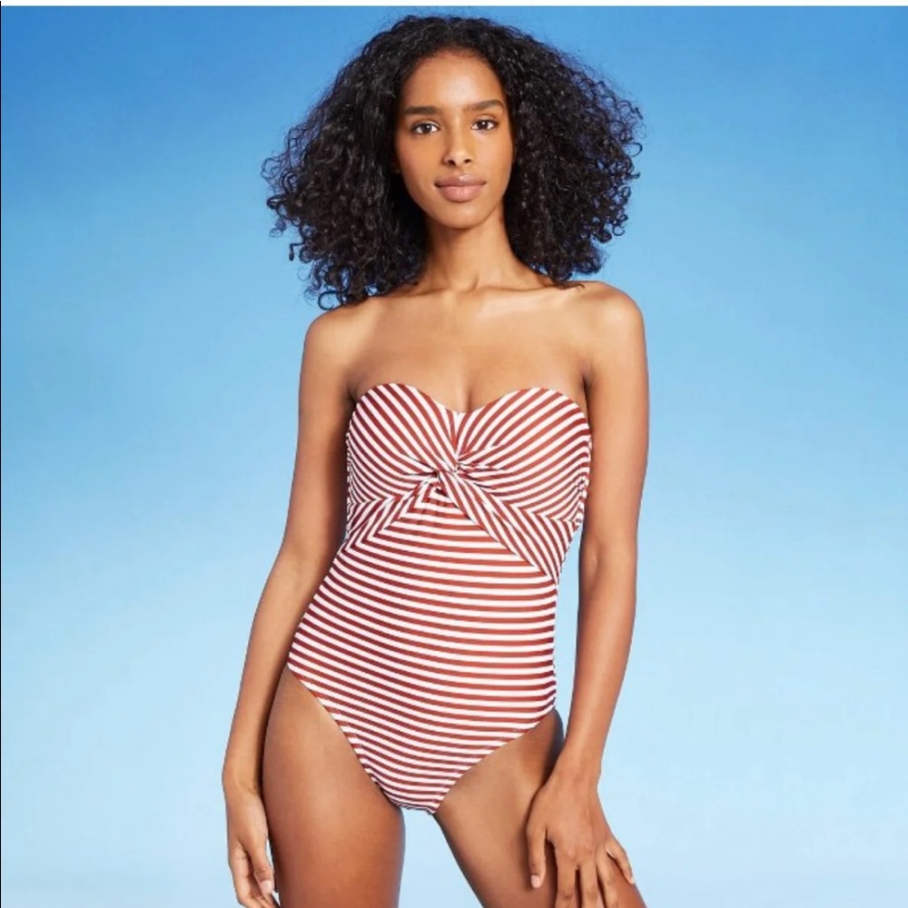NWT Kona Sol Red & White Striped Twist Bandeau One Piece Swimsuit S